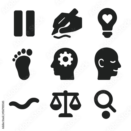 Slow Design Icons. Solid, filled icons set of slow design processes: pause icon, mindful sketch, soft idea,