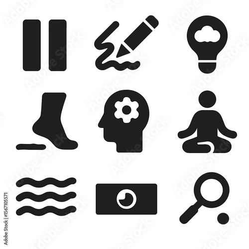 Slow Design Icons. Solid, filled icons set of slow design processes: pause icon, mindful sketch, soft idea,