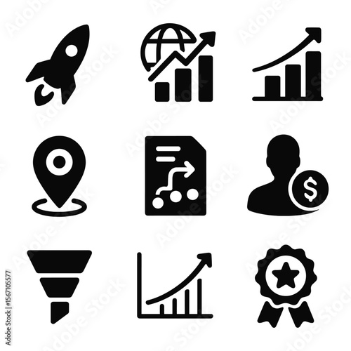 Small Business Growth Icons. Solid, filled icons set of small business growth acceleration: business rocket,