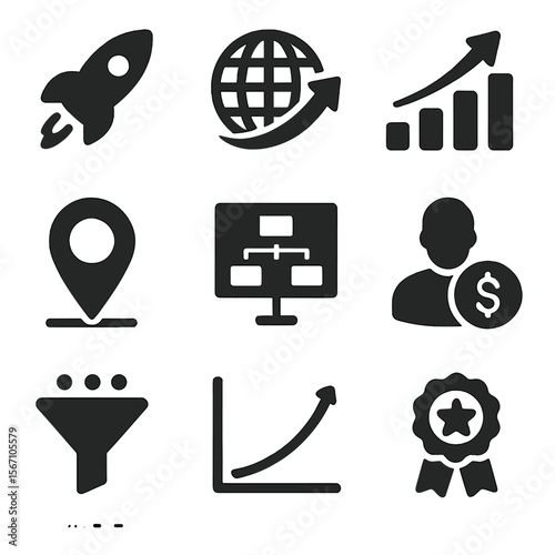 Small Business Growth Icons. Solid, filled icons set of small business growth acceleration: business rocket,