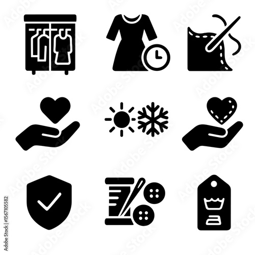 Slow Fashion Icons Set. Solid, filled icons set of slow fashion principles: capsule wardrobe, timeless piece,