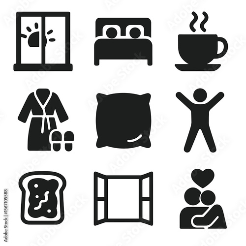 Slow Morning Icons. Solid, filled icons set of slow mornings together: sun through window, shared bed icon,