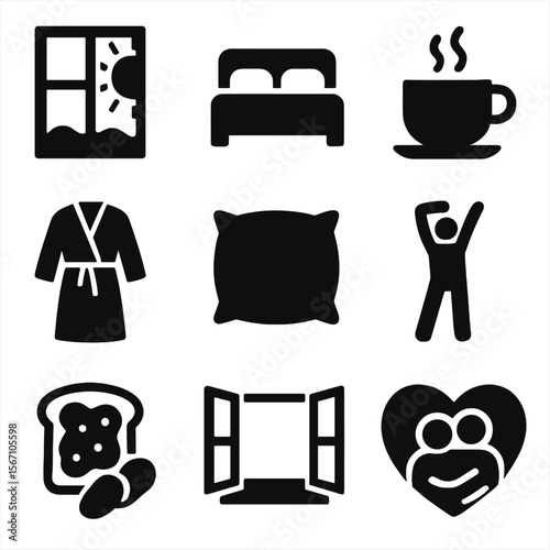 Slow Morning Icons. Solid, filled icons set of slow mornings together: sun through window, shared bed icon,