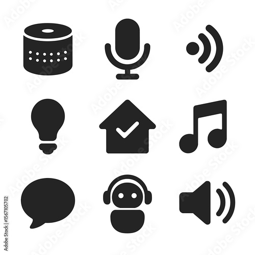 Smart Home Icons. Solid, filled icons set of voice-controlled smart home devices: smart speaker, microphone