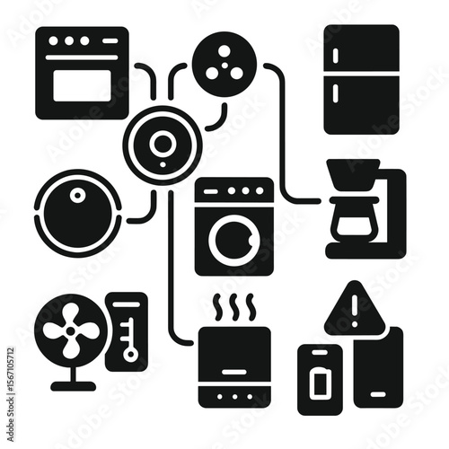 Smart Home Appliances Grid. Solid, filled icons set of connected appliances via assistant: smart oven, robotic