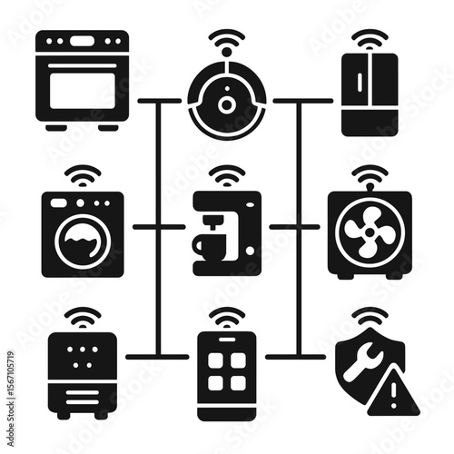 Smart Home Appliances Grid. Solid, filled icons set of connected appliances via assistant: smart oven, robotic