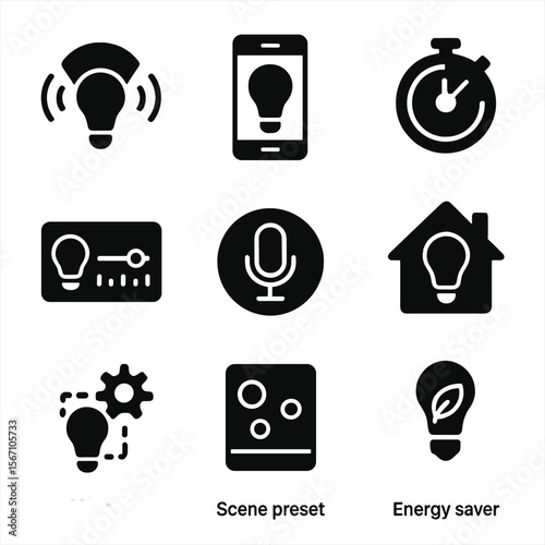 Smart Home Lighting Icons. Solid, filled icons set of smart home lighting: Wi-Fi bulb, mobile control, timer