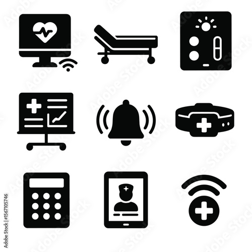 Smart Hospital Icon Grid. Solid, filled icons set of smart hospital systems: connected monitor, automated bed,