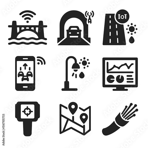 Smart Infrastructure Icons. Solid, filled icons set of intelligent infrastructure: bridge sensor, smart tunnel