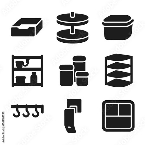Smart Kitchen Storage Icons. Solid, filled icons set of smart kitchen storage solutions: pull-out drawer, lazy