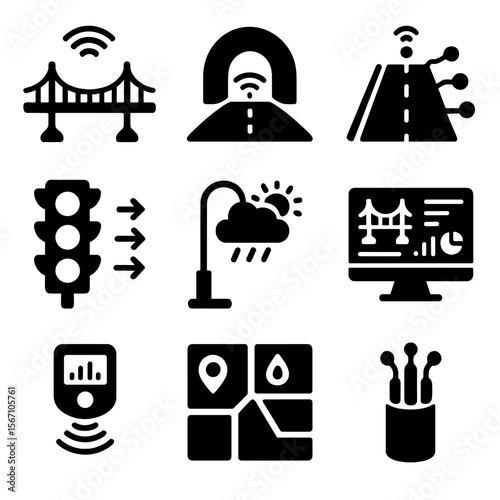 Smart Infrastructure Icons. Solid, filled icons set of intelligent infrastructure: bridge sensor, smart tunnel