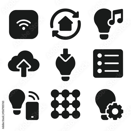 Smart Lighting Icons. Solid, filled icons set of smart lighting ecosystems: branded smart hub, compatibility