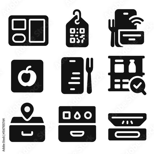 Smart Kitchen Icons. Solid, filled icons set of smart kitchen organization: labeled tray, QR code tag,