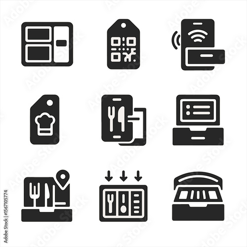 Smart Kitchen Icons. Solid, filled icons set of smart kitchen organization: labeled tray, QR code tag,