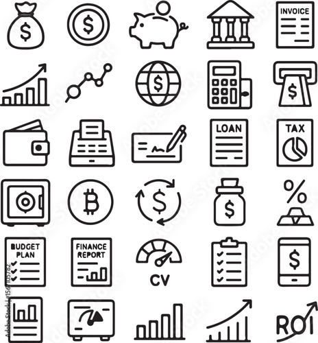 A comprehensive collection of finance and business icons presented in a clean modern line art style on a white background