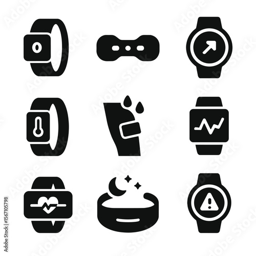 Smart Wearable Icons. Solid, filled icons set of smart wearable tech for recovery: fitness tracker, muscle