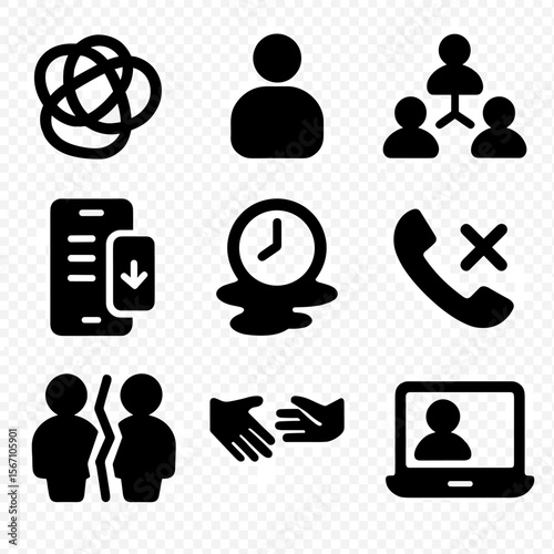 Social Connection Icons. Solid, filled icons set of social media challenges to real connection: tangled icon,