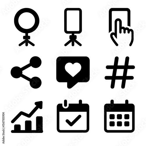Social Media Icon Set. Solid, filled icons set of social media content creation: ring light, tripod setup,