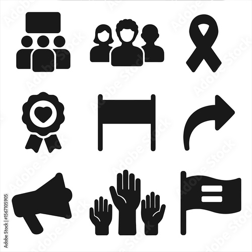 Social Justice Icons. Solid, filled icons set of social justice movements: protest crowd, diversity group,