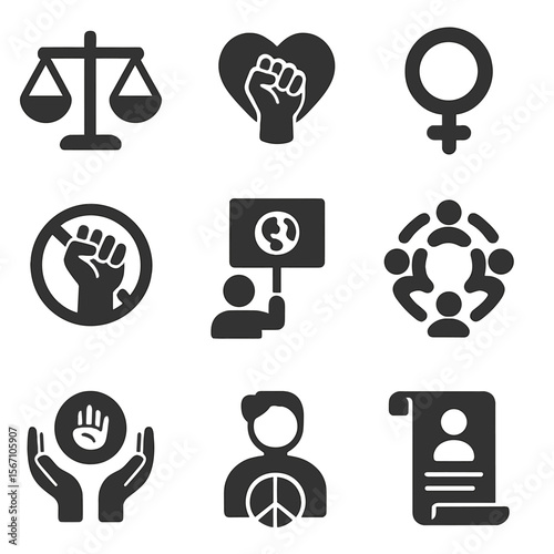 Social Justice Icons. Solid, filled icons set of social justice movements: equality scales, heart and fist,