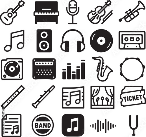 Collection of black music and audio icons including instruments recording equipment and performance elements on a white background