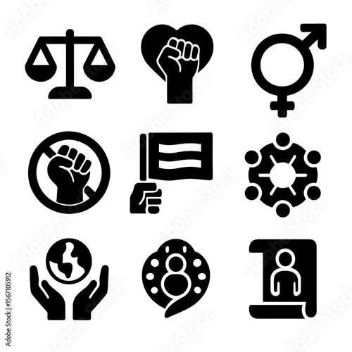 Social Justice Icons. Solid, filled icons set of social justice movements: equality scales, heart and fist,
