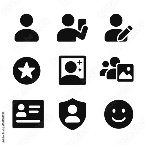 Social Media Icons Grid. Solid, filled icons set of self-image and social media profiles: profile icon, selfie