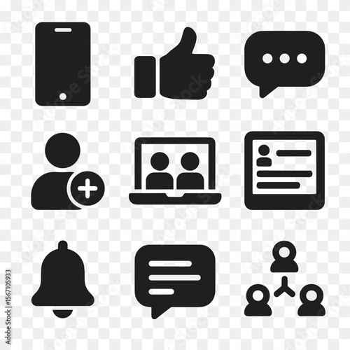 Social Media Icons Grid. Solid, filled icons set of the impact of social media on friendships: smartphone icon