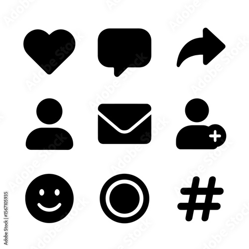 Social Media Icons Grid. Solid, filled icons set of social media notifications: like heart, comment bubble,