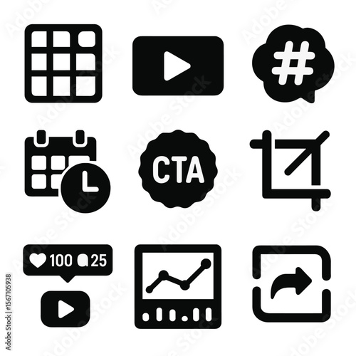 Social Media Icon Grid. Solid, filled icons set of social media content prep: Instagram layout, YouTube