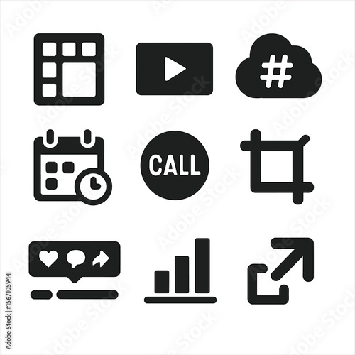 Social Media Icon Grid. Solid, filled icons set of social media content prep: Instagram layout, YouTube