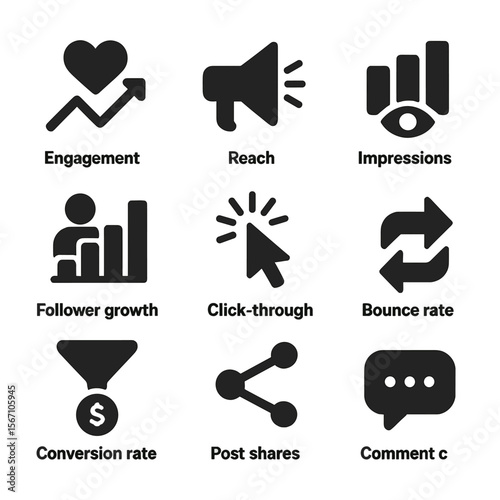 Social Media KPI Icons. Solid, filled icons set of social media KPIs list: engagement rate, reach, impressions