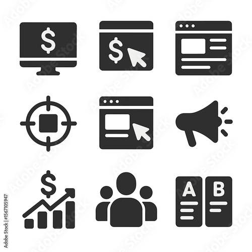 Social Media Metrics Icons. Solid, filled icons set of paid social media metrics: CPM, CPC, ad impressions,