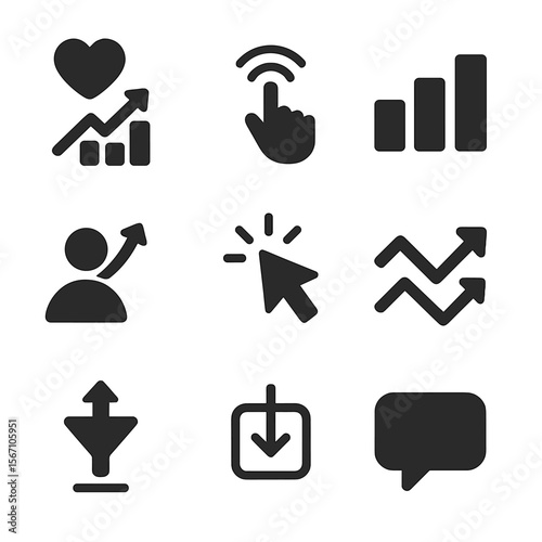 Social Media KPI Icons. Solid, filled icons set of social media KPIs list: engagement rate, reach, impressions
