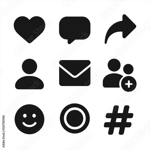 Social Media Icons Grid. Solid, filled icons set of social media notifications: like heart, comment bubble,