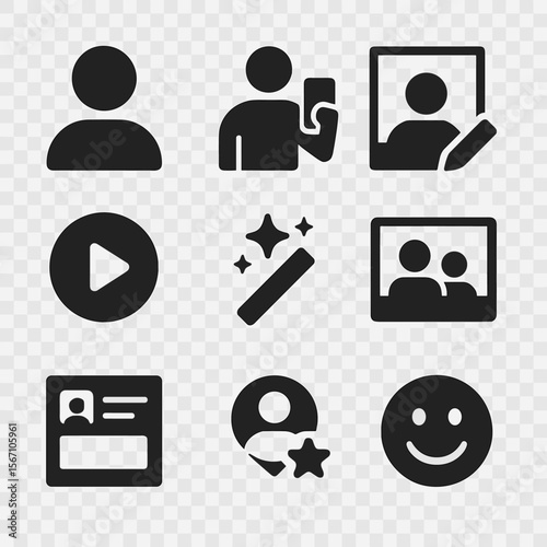Social Media Icons Grid. Solid, filled icons set of self-image and social media profiles: profile icon, selfie