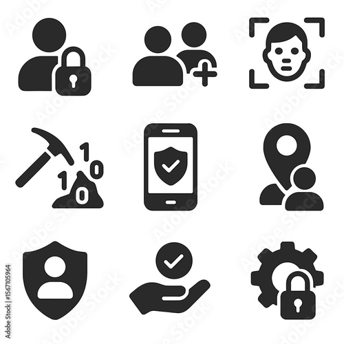 Social Media Privacy Icons. Solid, filled icons set of social media privacy concerns: profile visibility,