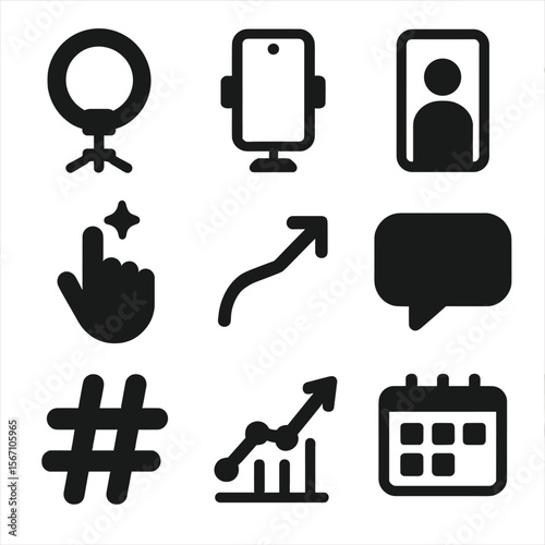 Social Media Icon Set. Solid, filled icons set of social media content creation: ring light, tripod setup,