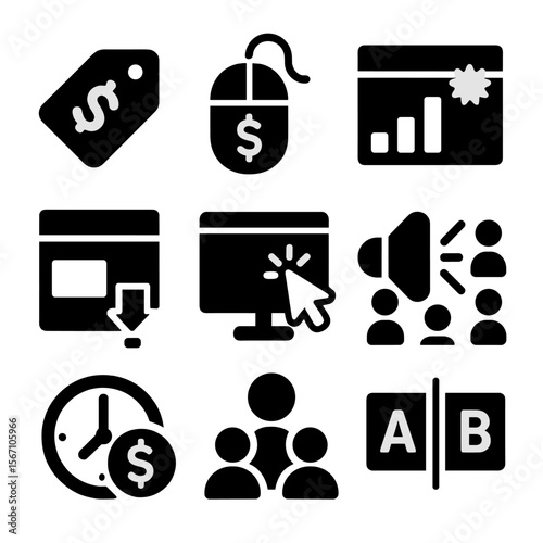 Social Media Metrics Icons. Solid, filled icons set of paid social media metrics: CPM, CPC, ad impressions,
