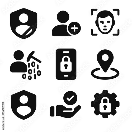 Social Media Privacy Icons. Solid, filled icons set of social media privacy concerns: profile visibility,