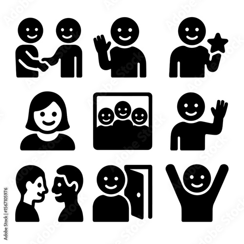 Social Smile Icons. Solid, filled icons set of smiling in social interaction: handshake with smile, greeting