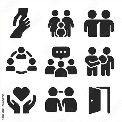 Social Support Icons. Solid, filled icons set of social support networks: helping hands, family icon,