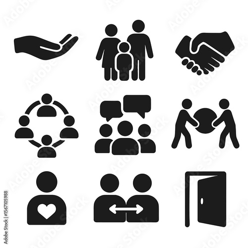 Social Support Icons. Solid, filled icons set of social support networks: helping hands, family icon,