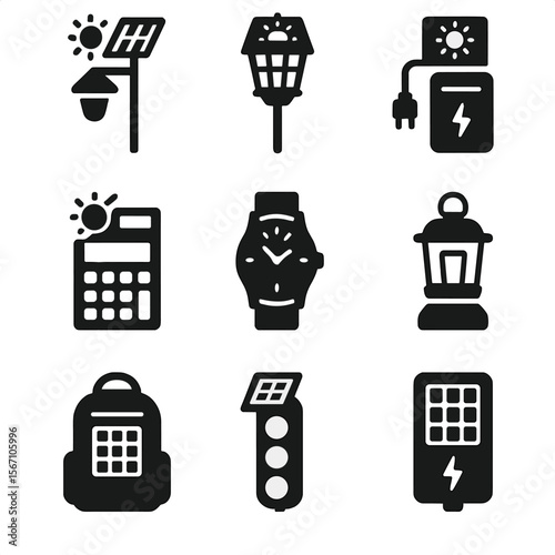 Solar Device Icons. Solid, filled icons set of solar-powered devices: solar light, garden lantern, solar