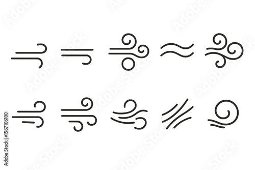 Vector set of 10 black and white wind symbols. Minimal swirl lines for airflow, breeze, weather UI, graphic design elements.