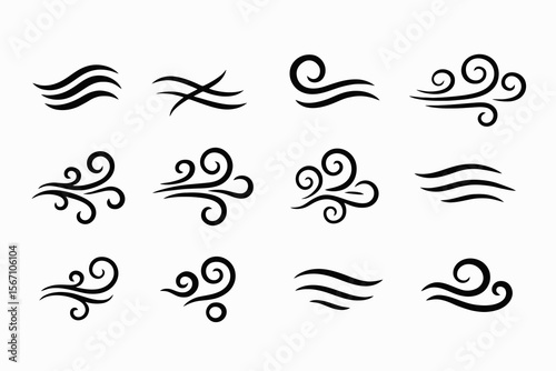 Vector set with 10 minimal wind icons. Black curves and swirls for airflow, breeze, weather, decoration, clean UI designs.