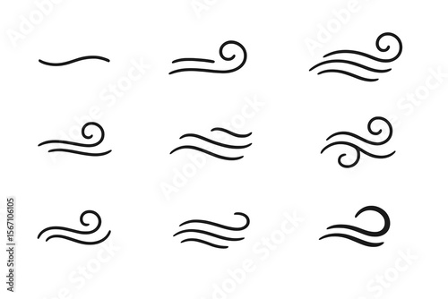 10 black wind line icons. Clean vector with curves, waves, spirals. Ideal for weather, air, breeze designs, simple icon sets.