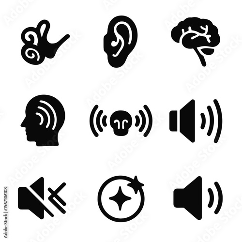 Sound Perception Icons. Solid, filled icons set of hearing and sound perception: cochlea, ear drum, auditory