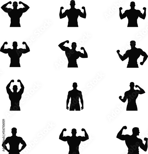 Muscular men silhouettes gym logo fitness icons