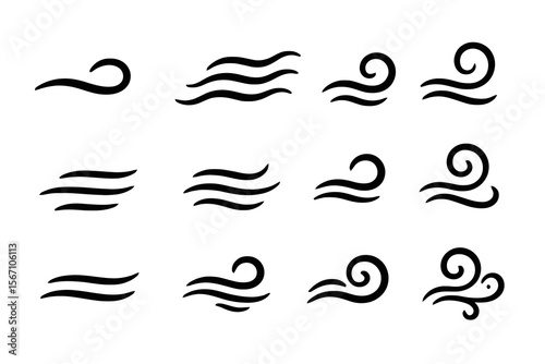 10 black and white icons of stylized wind. Minimal vector line art with swirls and curves for air movement, breeze, weather symbols.